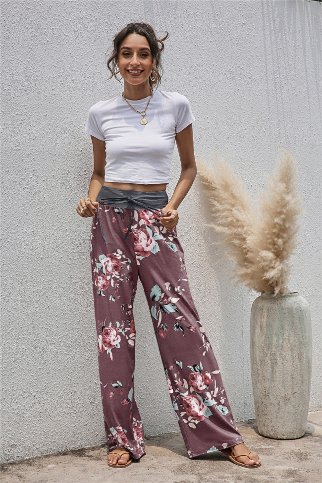 Women's Pant Casual High Waist Loose Pants Floral Print Wide Leg Pants Yoga Pant - 4Colors