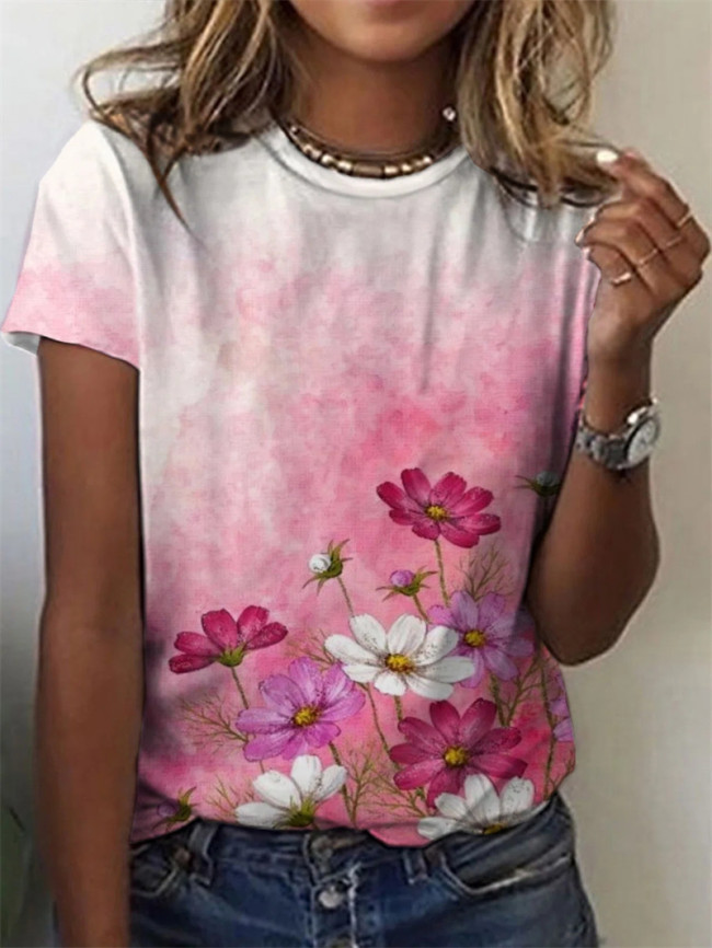 Women's 2023 Spring Floral Printed T-Shirts Crew Neck Short Sleeve Tee