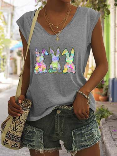 Women's Easter Bunny Print Sleeveless T-Shirt