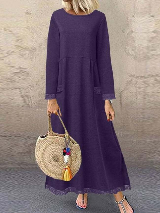Casual Long Sleeve Loose Round Neck Dress - 7Colors