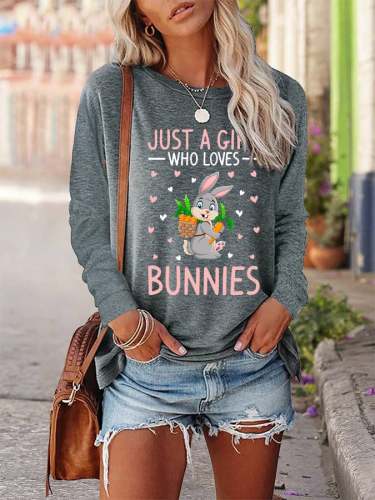 Women's Easter Just A Girl Who Loves Bunnies Printed Long-Sleeve T-Shirt