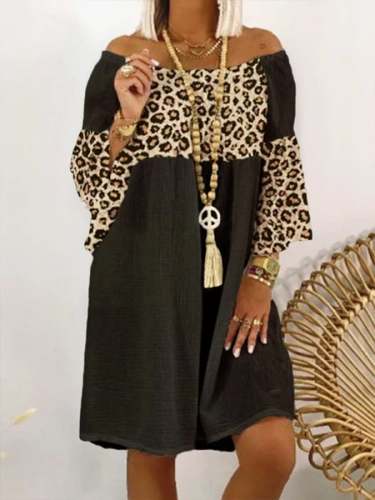 Women's Leopard Stitching Casual Off-Shoulder Cotton Dress