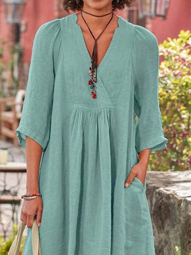 Casual Long Sleeve Cotton Linen Dress Daily Solid Color Dress