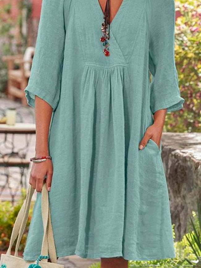 Casual Long Sleeve Cotton Linen Dress Daily Solid Color Dress