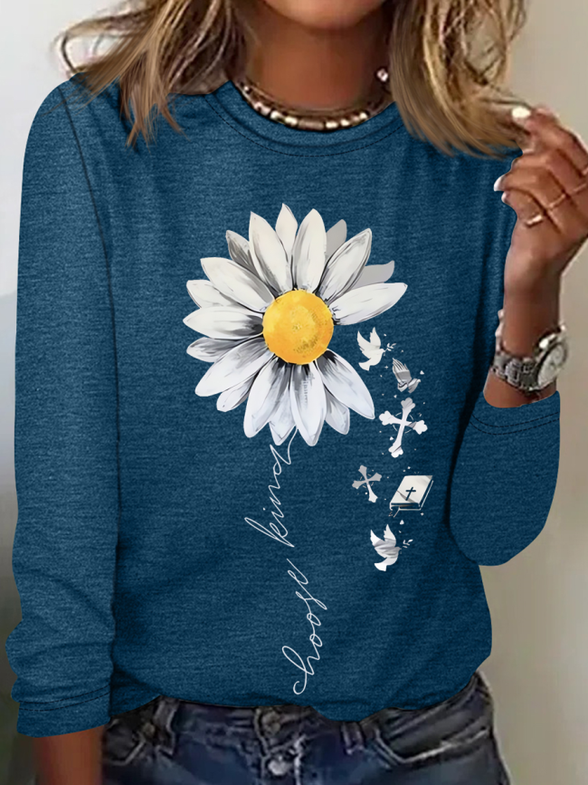 Women‘s Faith Cross Simple Daisy Regular Fit Crew Neck Long Sleeve Top