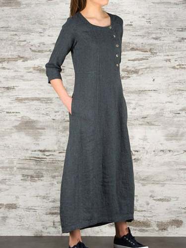 Loose Solid Color Round Neck Dress A Line Casual Maxi Dress