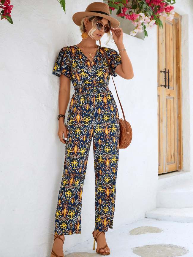 Printed V-Neck Flutter Sleeve Jumpsuit