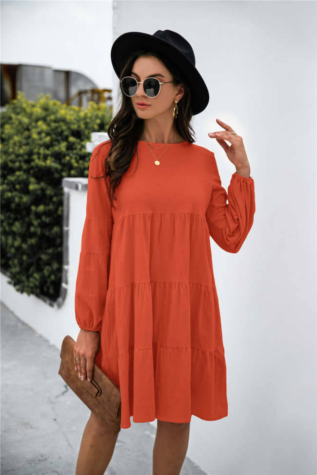 Solid Color Puff Sleeve Tiered Swing Dress