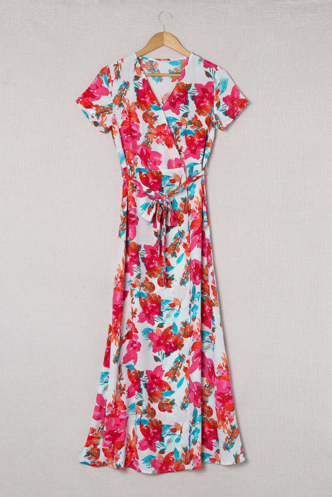 Floral Tie Waist Surplice Maxi Dress Holiday Beach Boho Dress