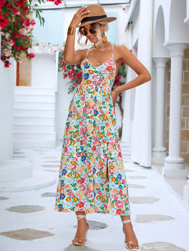 2023 Spring Dress Backless V Neck Floral Print Slit Dress