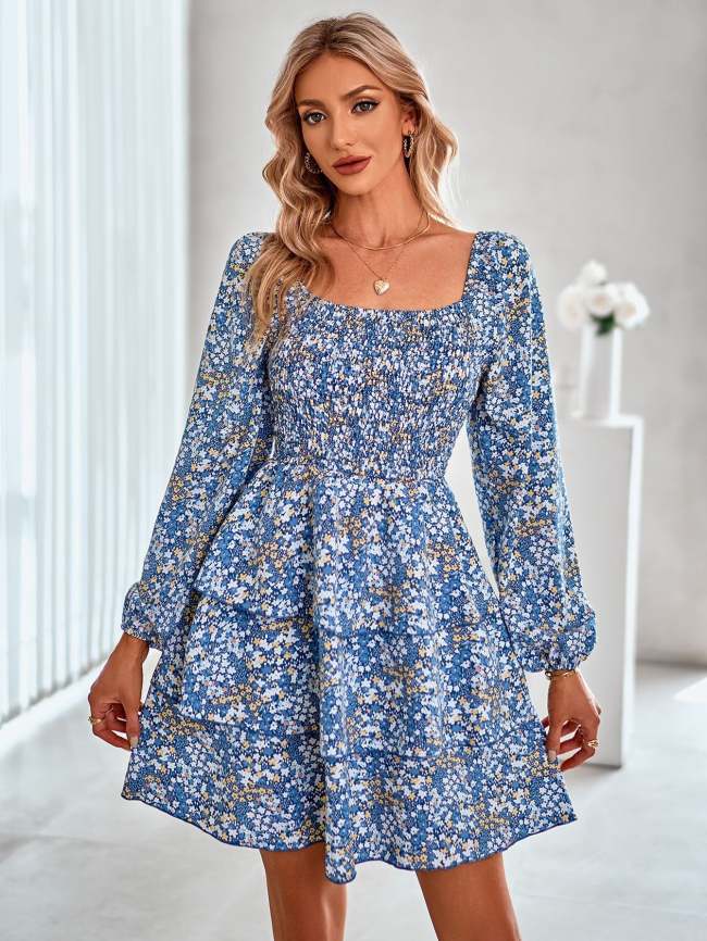 Floral Square Neck Smocked Layered Dress