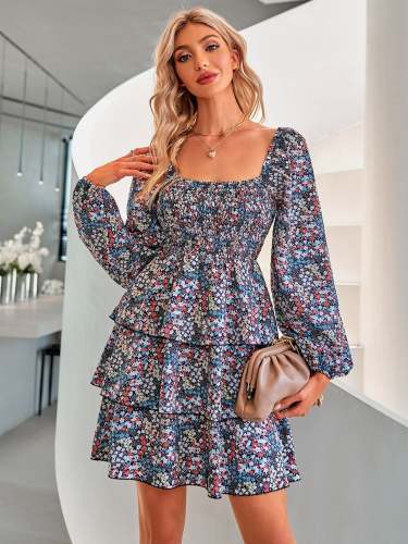 Floral Square Neck Smocked Layered Dress