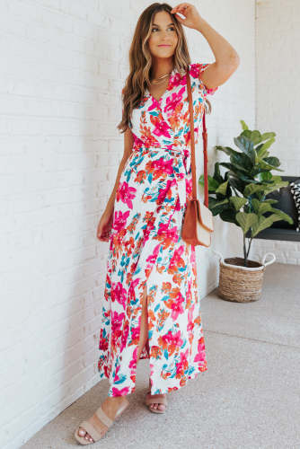 Floral Tie Waist Surplice Maxi Dress Holiday Beach Boho Dress