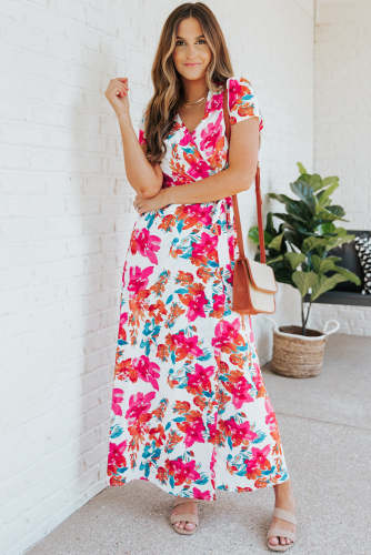 Floral Tie Waist Surplice Maxi Dress Holiday Beach Boho Dress