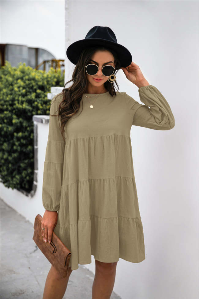 Solid Color Puff Sleeve Tiered Swing Dress