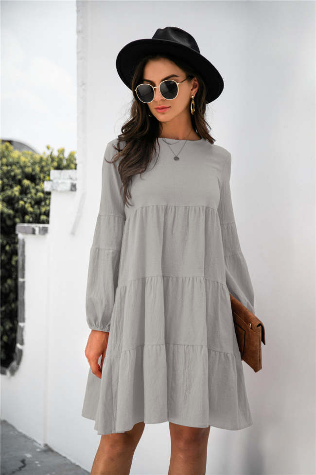 Solid Color Puff Sleeve Tiered Swing Dress