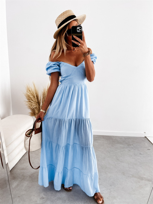 V Neck Puff Sleeve Backless Maxi Dress Holiday Casual Dress