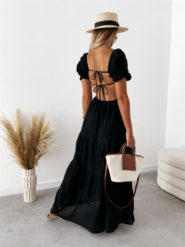 V Neck Puff Sleeve Backless Maxi Dress Holiday Casual Dress