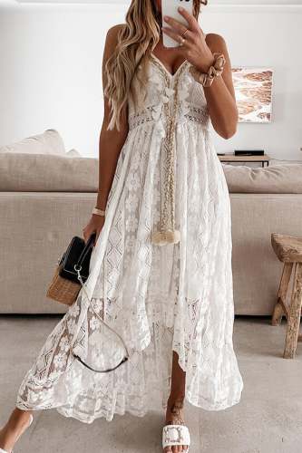 V-neck Lace Up Slip Dress Boho Dress Beach Swing Dress