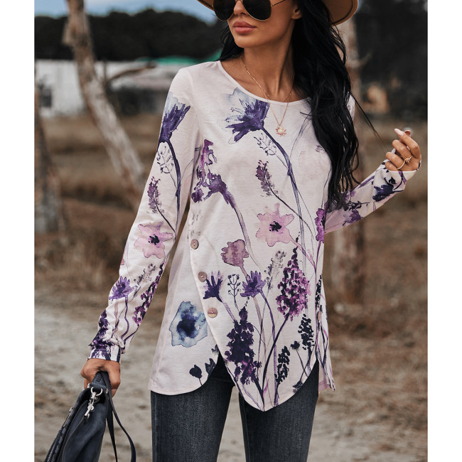 Women's T-Shirt Floral Print Long Sleeve Irregular Spring Tee