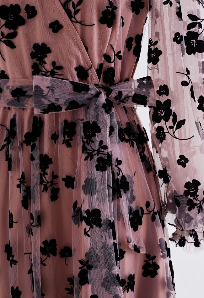 3D Floral Mesh Belted Surplice Front Dress Party Dress