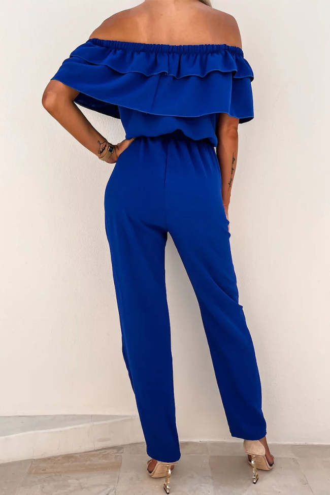 Casual Simplicity Solid Patchwork Off the Shoulder Regular Jumpsuits