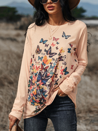 Women's T-Shirt Butterfly Print Long Sleeve Design Hem Crew-Neck Tee