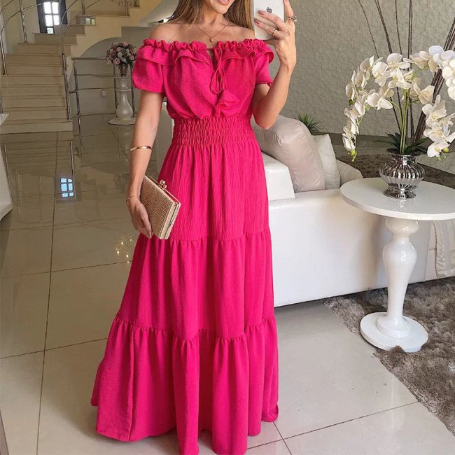 Women's Holiday Dress Loose Off Shoulder Puff Sleeve Cotton Linen Dress