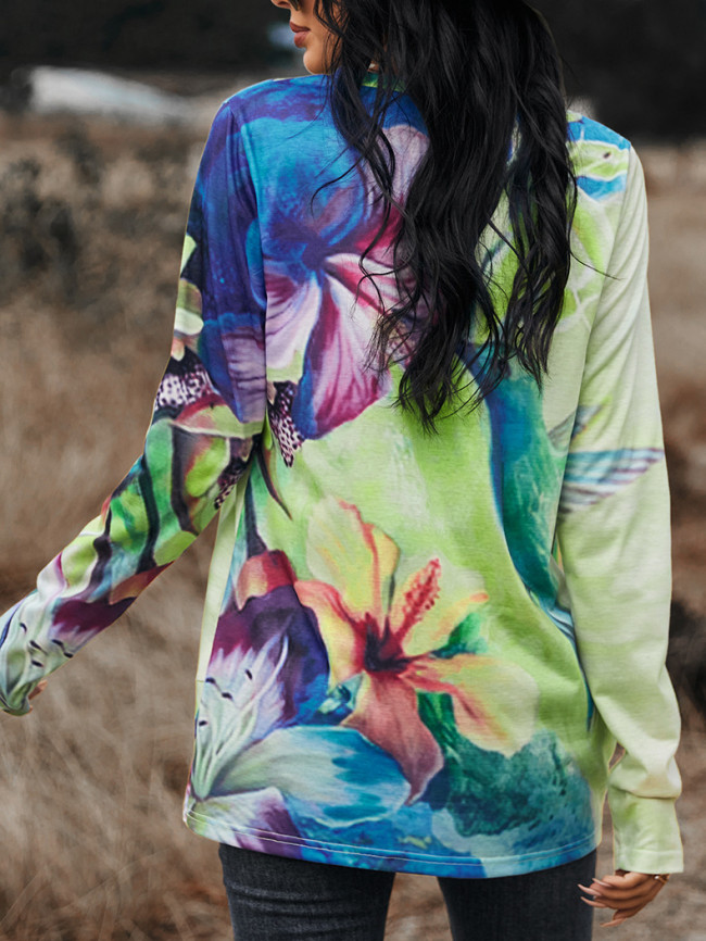 Women's T-Shirt Artist Abstract Print Long Sleeve Design Hem Crew-Neck Tee