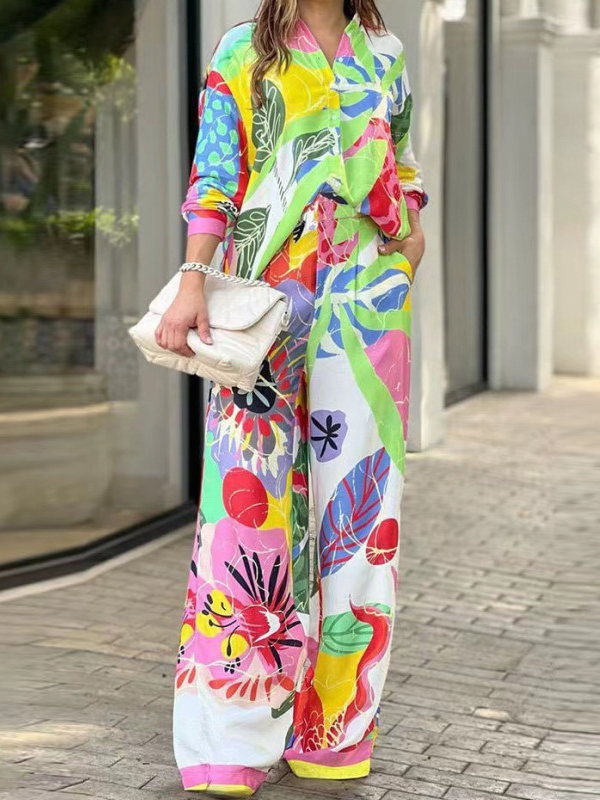 US$ 39.89 - Women's Set 2 Piece Floral Print Shirt and Wide Leg Pant ...