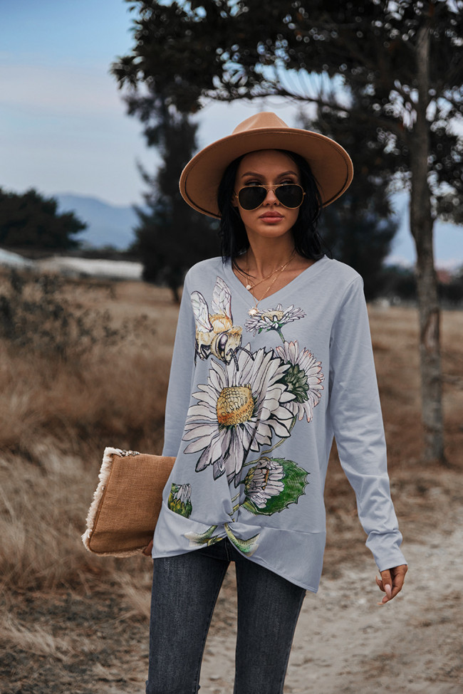 Clearance Women's T-Shirt Floral Sunflower Print Long Sleeve Design Hem V-NeckTee