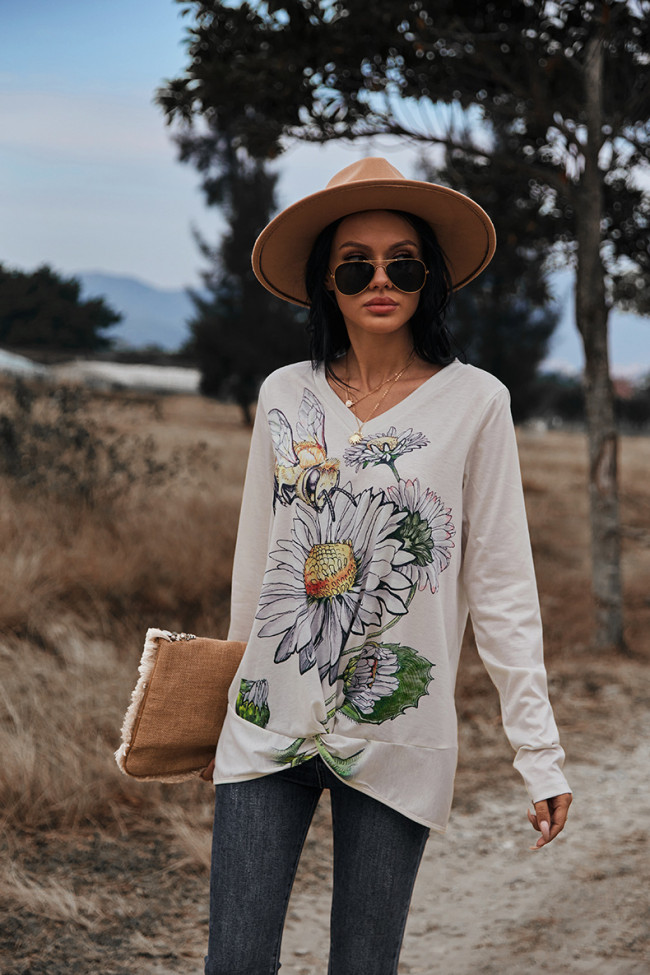Clearance Women's T-Shirt Floral Sunflower Print Long Sleeve Design Hem V-NeckTee