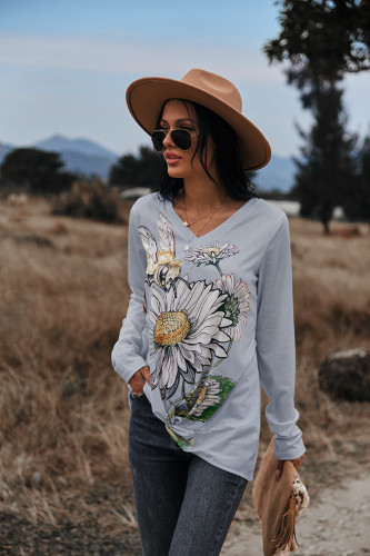 Women's T-Shirt Floral Sunflower Print Long Sleeve Design Hem V-NeckTee