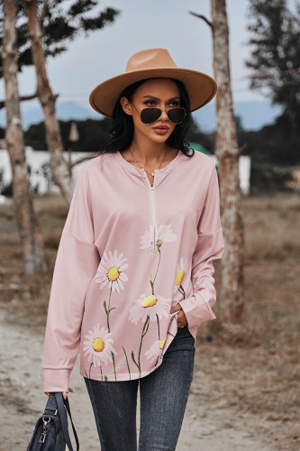 Women's T-Shirt Floral Print Long Sleeve Zipper up Tee