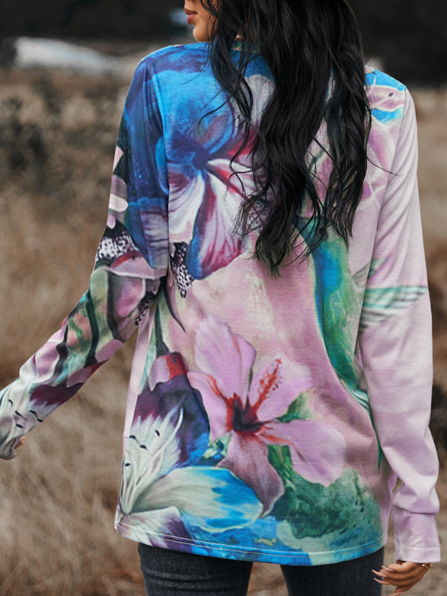 Women's T-Shirt Artist Abstract Print Long Sleeve Design Hem Crew-Neck Tee