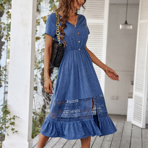 Lace Stitching Knitted Dress Summer Casual Solid Dress
