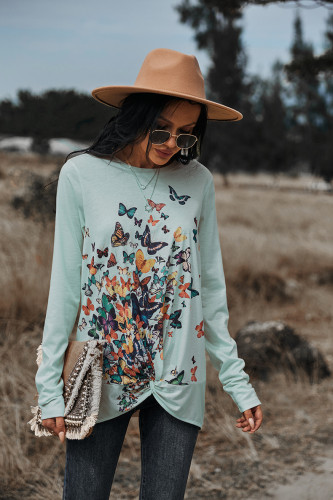 Women's T-Shirt Butterfly Print Long Sleeve Design Hem Crew-Neck Tee