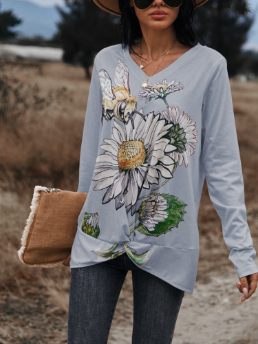 Women's T-Shirt Floral Sunflower Print Long Sleeve Design Hem V-NeckTee