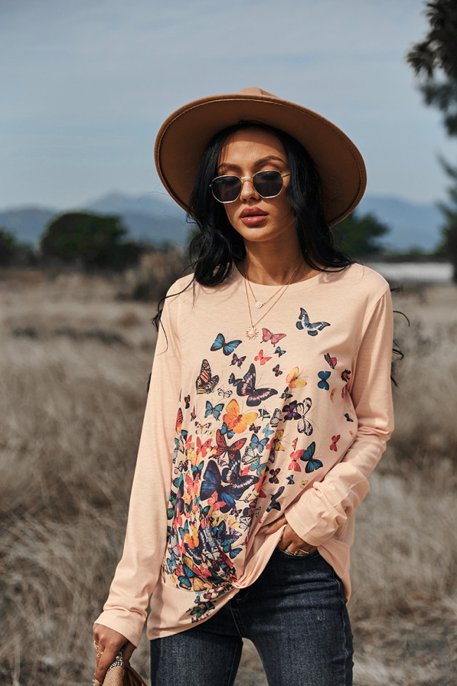 Women's T-Shirt Butterfly Print Long Sleeve Design Hem Crew-Neck Tee