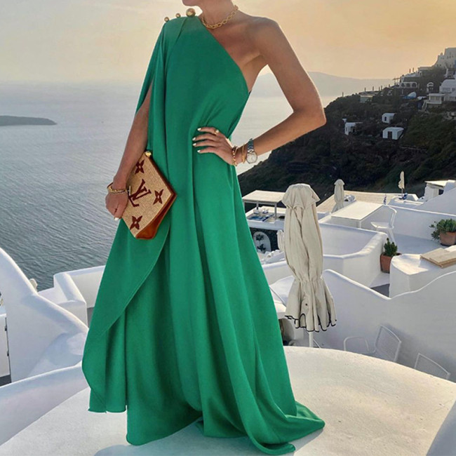 Solid Color Loose One Shoulder Long Dress Summer Beach Holiday Vacation Party Dress