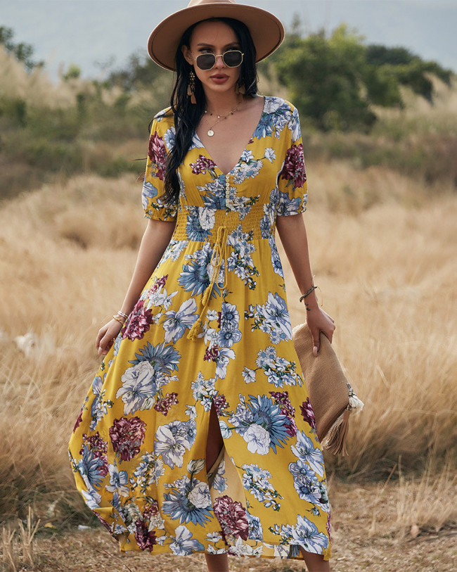 Women's Bohemian Dress Floral Print V-Neck High Waist Summer Dress