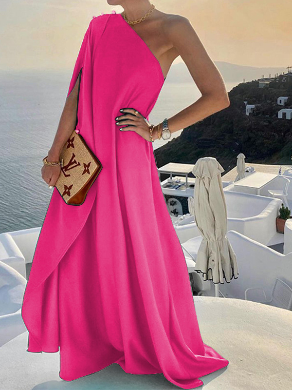 Solid Color Loose One Shoulder Long Dress Summer Beach Holiday Vacation Party Dress