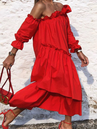 Women's Boho Dress Solid Color Irregular Long Sleeve Dress