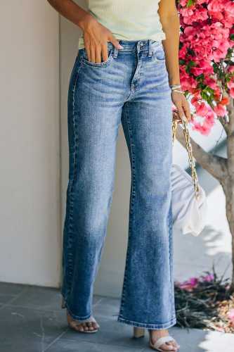 Women's Elegant Solid Basic Straight Mid Waist Wide Leg Jeans