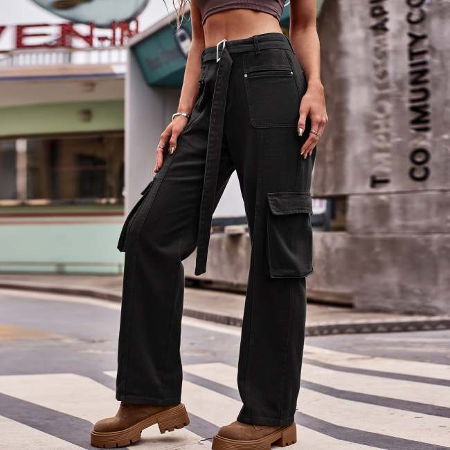 Women's Street Pocket Retro Green Cargo Jeans Hip Hop Straight