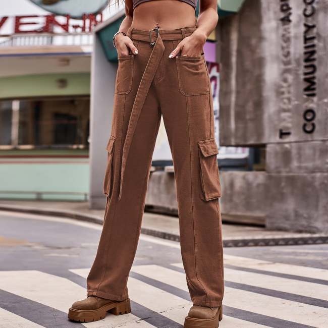 Women's Street Pocket Retro Green Cargo Jeans Hip Hop Straight