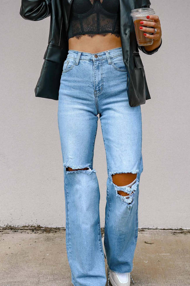 Women's Jean Pants Street Solid Ripped High Waist Regular Denim Jeans