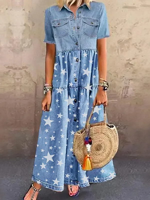 US$ 49.60 - Casual Denim Skirt with Lapel Pocket Button Down Dress All ...