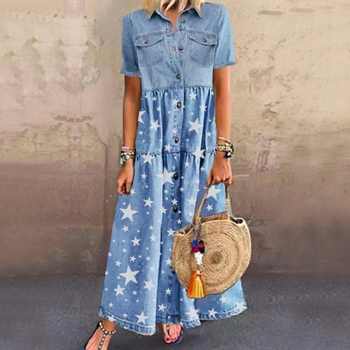 Casual Denim Skirt  with Lapel Pocket  Button Down Dress All  Scattered Stars Spring/Fall Dress