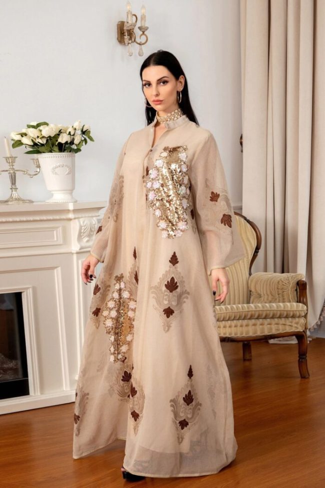 Women’s Fashion Abayas Elegant Mesh Sequins Dress 3Colors